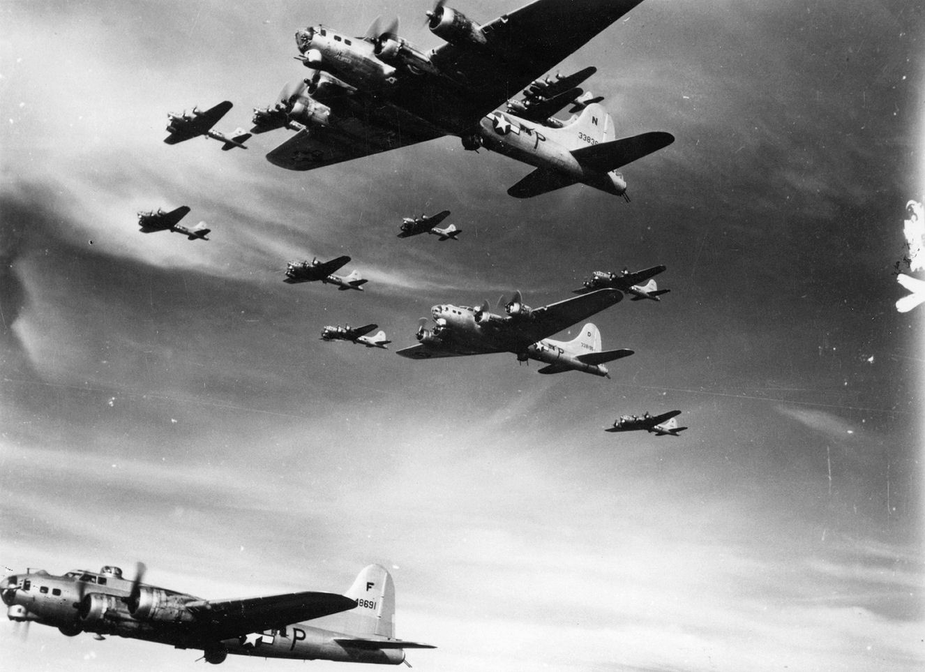 B-17 Flying Fortresses of the 493rd Bombardment Group in formation, 1945